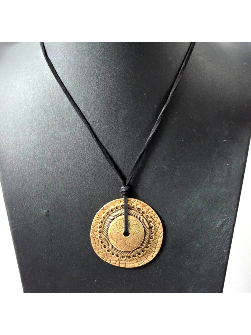 Chicos Brass Pendant Necklace Black Cord Adjustable Boho Hippie Steampunk